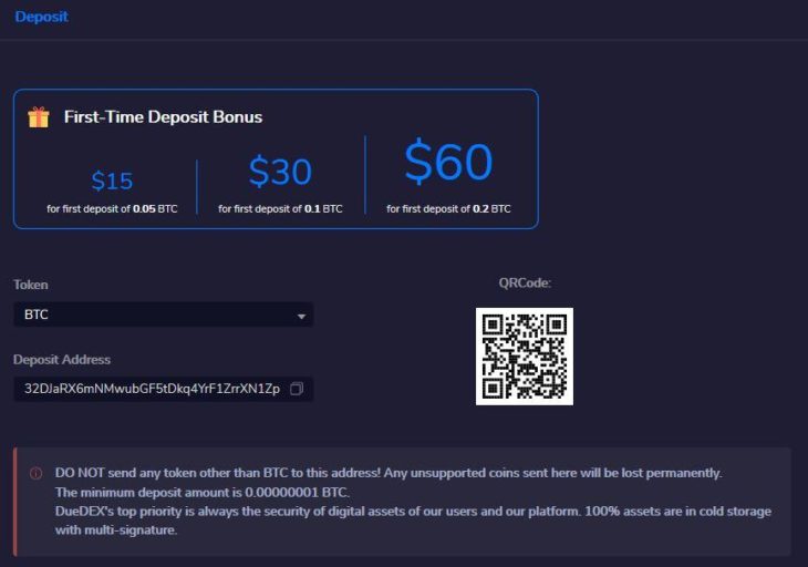 DueDEX First time deposit bonus